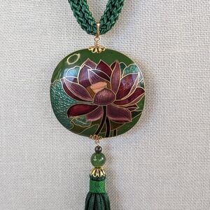 Asian Green and Purple Lotus Pendant Tassel Necklace